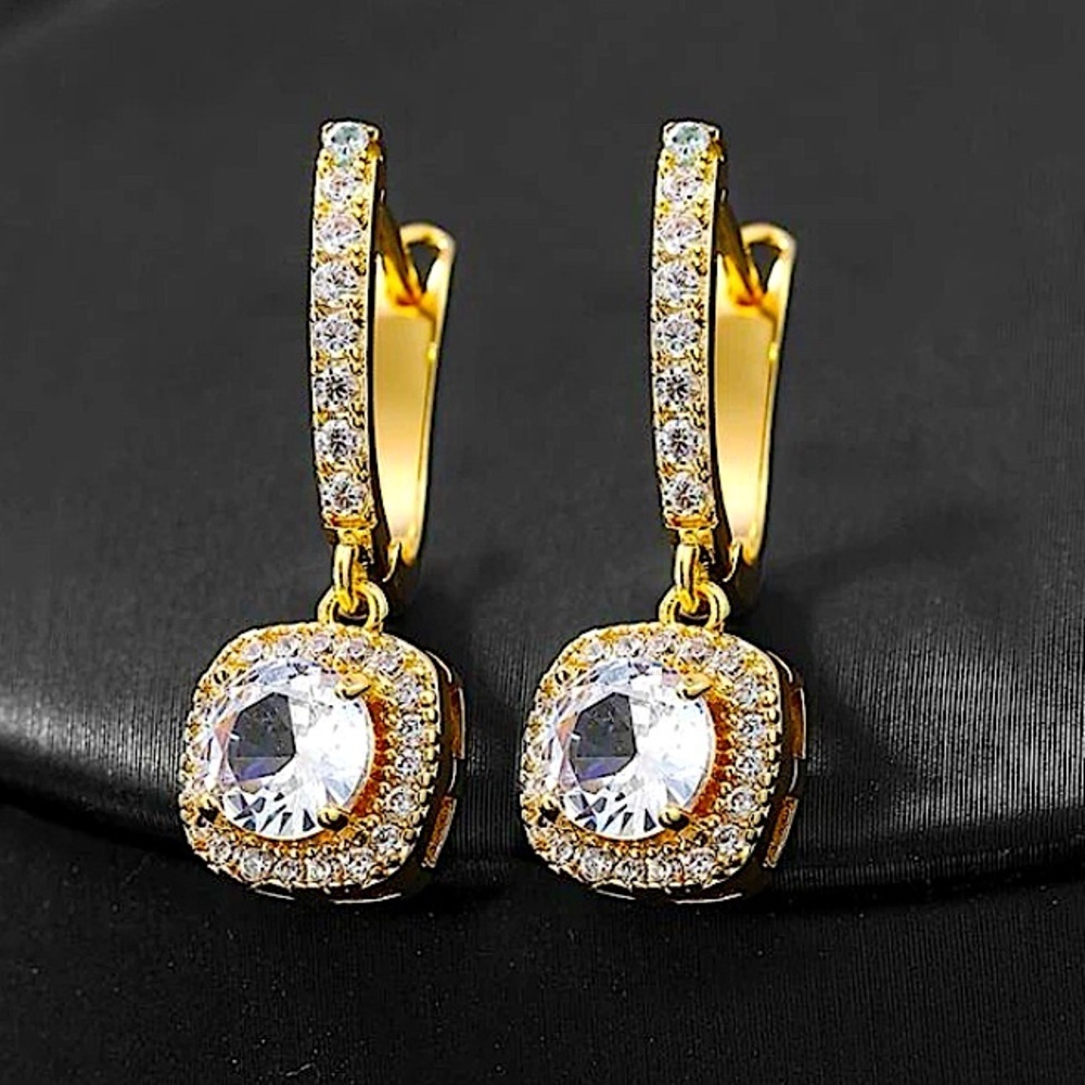 Gold Cubic Zircon Princess Square Cut Diamond Drop Dangle Earrings